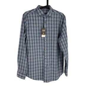 Tasso Elba Mens Plaid Button-Down Shirt S Blue 100% Cotton Stretch OEKO-TEX